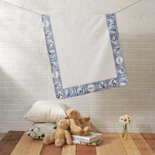 Blue and White Woodland Tiles Custom Name Baby Blanket