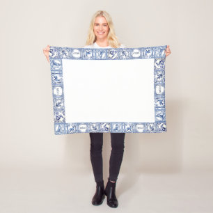 Blue and White Woodland Tiles Custom Name Fleece Blanket