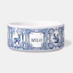 Blue and White Woodland Tiles Custom Pet<br><div class="desc">"personalized custom pet name",  "dog cat feeding bowl",  "blue and white woodland",  "forest animal ceramic tile",  "traditional deer painted painting",  "square tiled animals tiles",  "vintage antique customized bowl",   "personal puppy kitten feed dish",  "squirrel fox rabbit",  "nature wildlife wild life"</div>