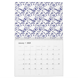Blue and white wrapping paper featuring a graphic  calendar