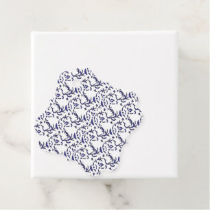 Blue and white wrapping paper featuring a graphic favor tags