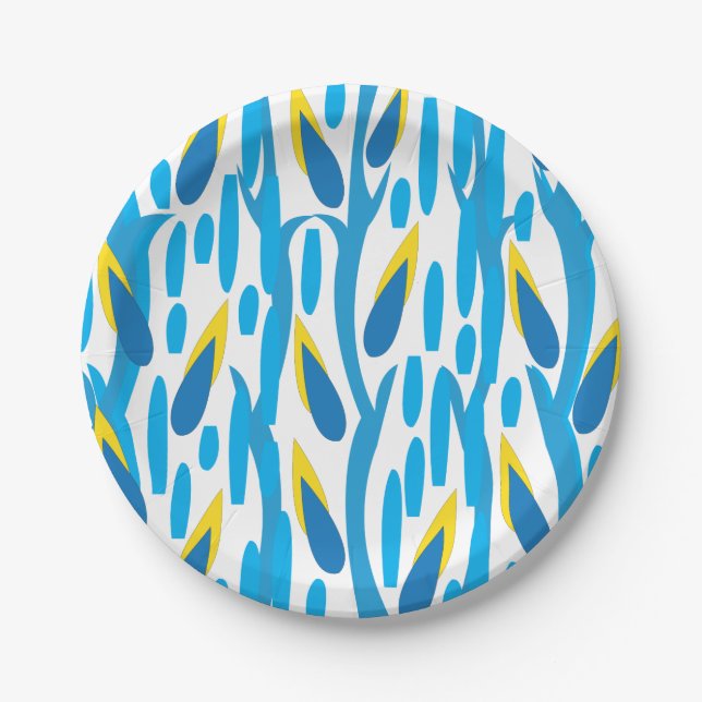 Blue and Yellow Abstract Leaves Elegant Chic Paper Plates (Front)