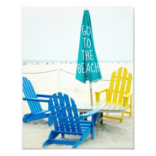 Blue and Yellow Adirondack Chairs on the Beach Photo Print (Front)