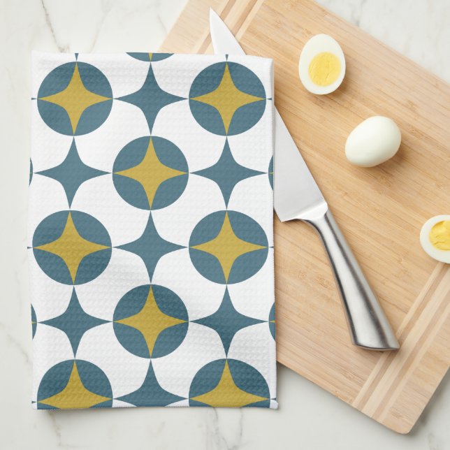 Blue And Yellow Atomic Star Mid Century Kitchen Towel (Quarter Fold)