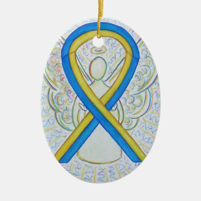 Blue and Yellow Awareness Ribbon Angel Ornament (Front)