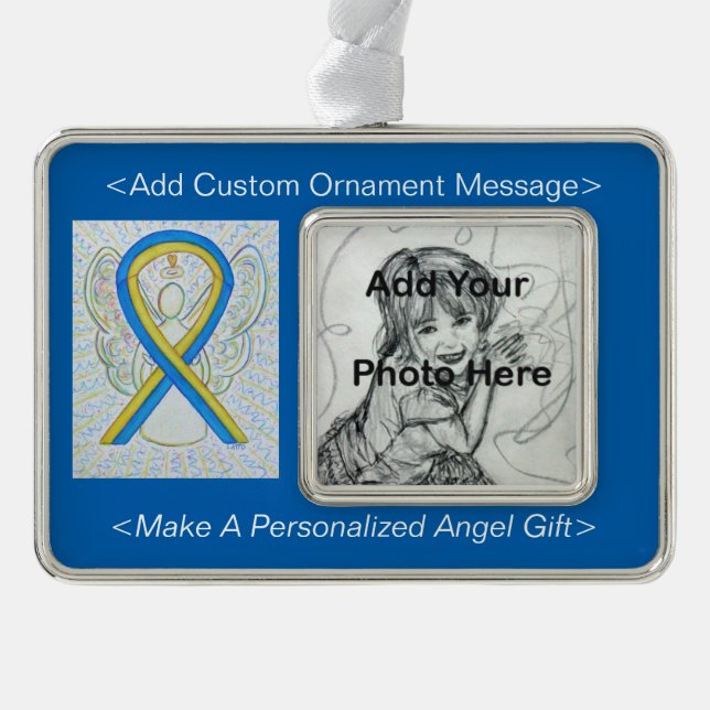 Blue and Yellow Awareness Ribbon Angel Ornament (Front)