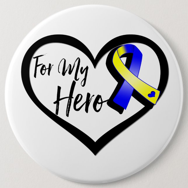 Blue and Yellow Awareness Ribbon For My Hero Button (Front)