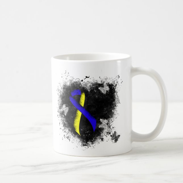 Blue and Yellow Awareness Ribbon Grunge Coffee Mug (Right)