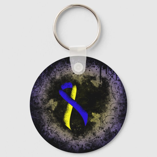 Blue and Yellow Awareness Ribbon Grunge Keychain (Front)