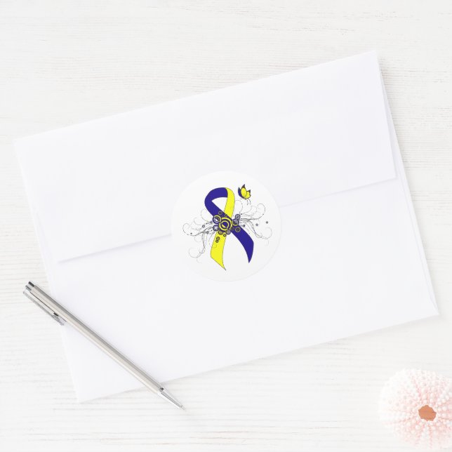 Blue and Yellow Awareness Ribbon with Butterfly Classic Round Sticker (Envelope)