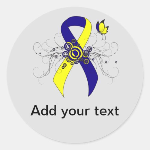 Blue and Yellow Awareness Ribbon with Butterfly Classic Round Sticker