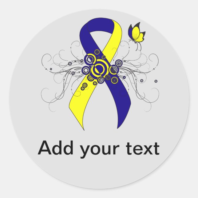 Blue and Yellow Awareness Ribbon with Butterfly Classic Round Sticker (Front)