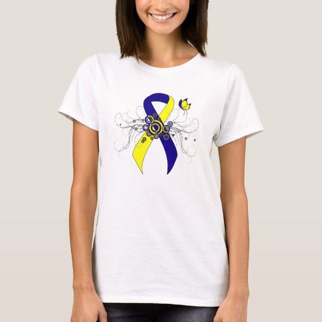 Blue and Yellow Awareness Ribbon with Butterfly T-Shirt (Front)