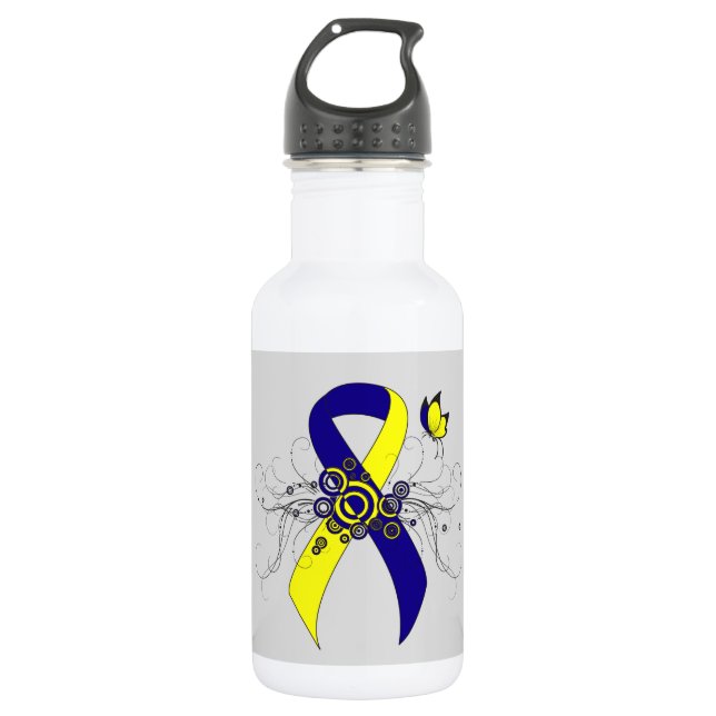 Blue and Yellow Awareness Ribbon with Butterfly Water Bottle (Front)