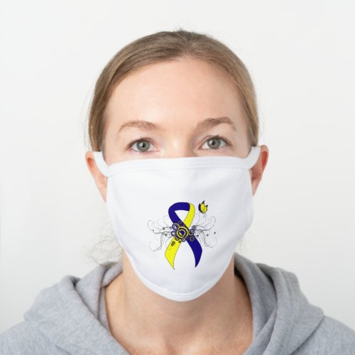 Blue and Yellow Awareness Ribbon with Butterfly White Cotton Face Mask