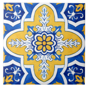Blue and Yellow Azulejo Style Ceramic Tile. Ceramic Tile