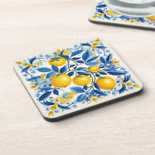  💛💙 Blue and yellow Azulejos with lemons Beverage Coaster