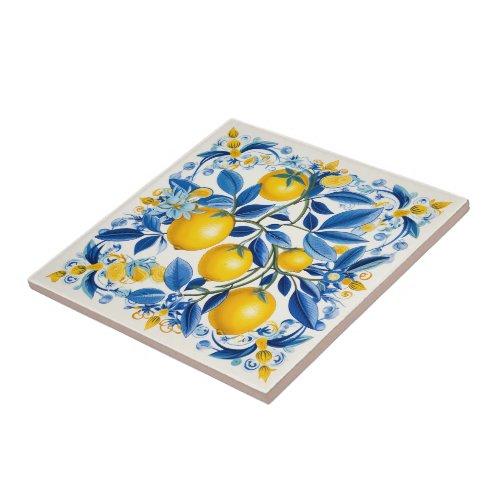   Blue and yellow Azulejos with lemons Ceramic Tile