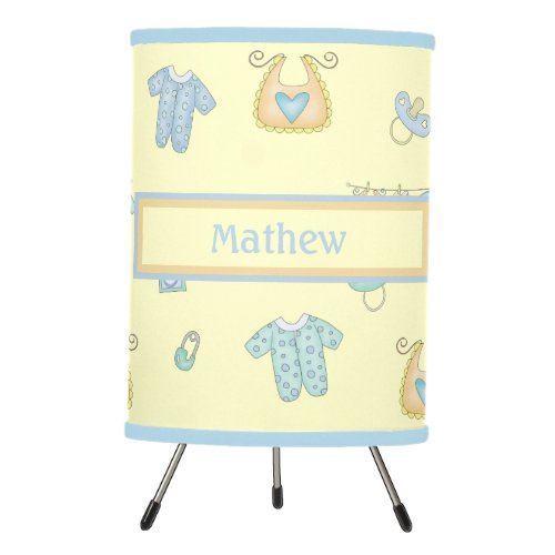 Blue and Yellow Baby Clothes Binkies Pins Blocks  Tripod Lamp