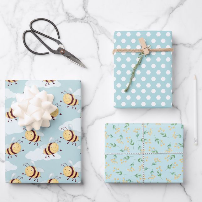 Blue and Yellow Bee and Honeycomb Wrapping Paper S (Front)