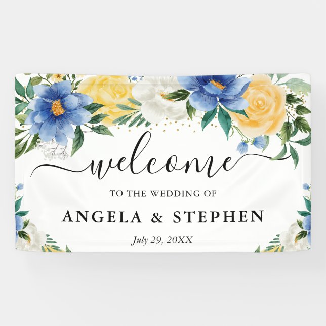 Blue and Yellow Boho Flowers Wedding Welcome Banner (Horizontal)