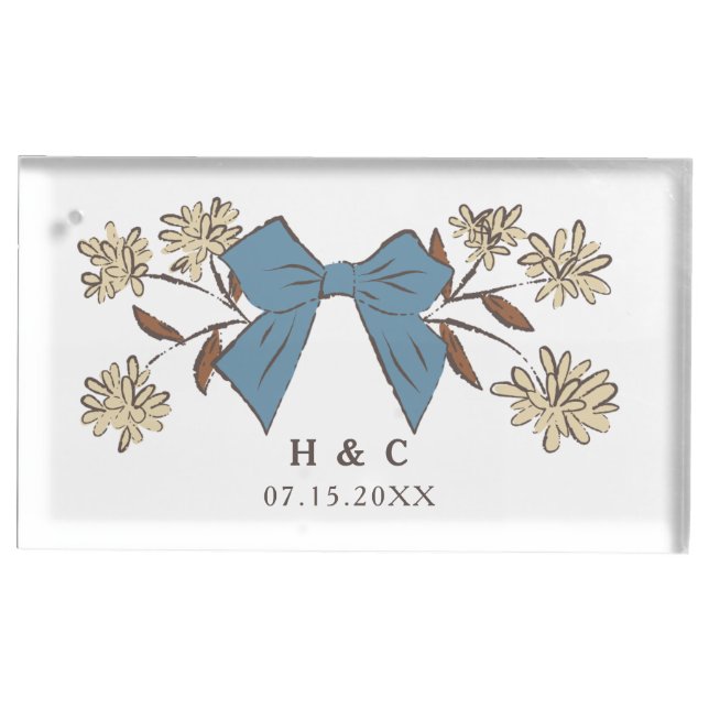 Blue and Yellow Bow and Flowers Wedding Place Card Holder (Front)