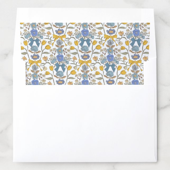 Blue and Yellow Bows and Blossoms Rustic Wedding Envelope Liner (In Envelope)