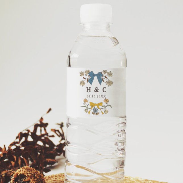 Blue and Yellow Bows Blossom Wedding Monogram Water Bottle Label (Creator Uploaded)
