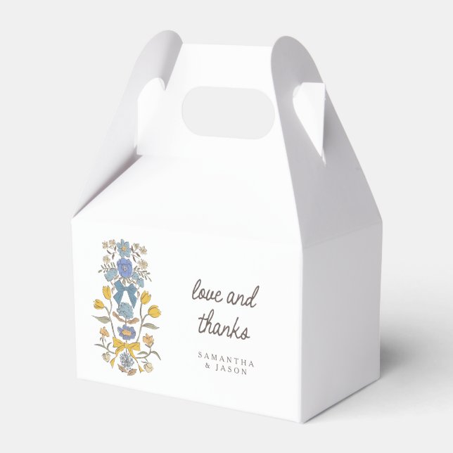 Blue and Yellow Bows Florals Wedding Favor Boxes (Front Side)