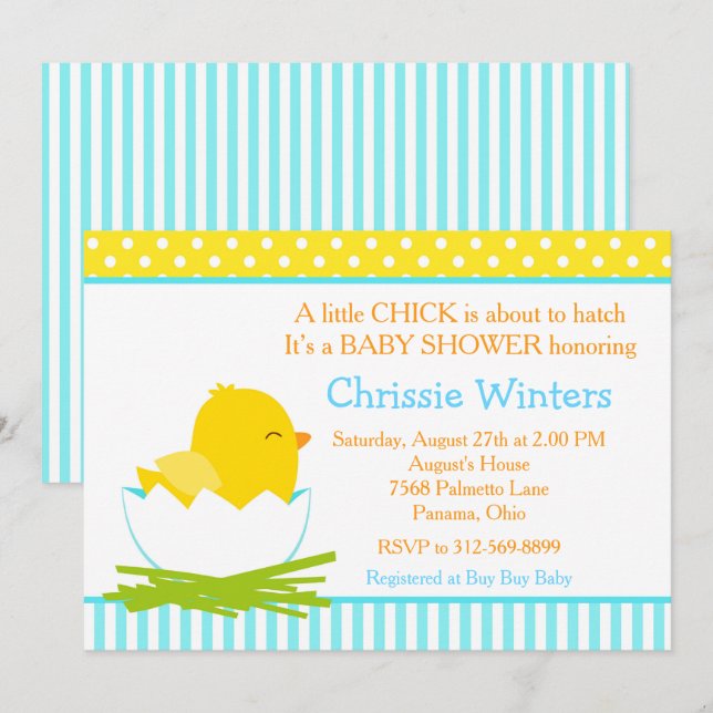 Blue and Yellow Boy Chick Baby Shower Invitation (Front/Back)