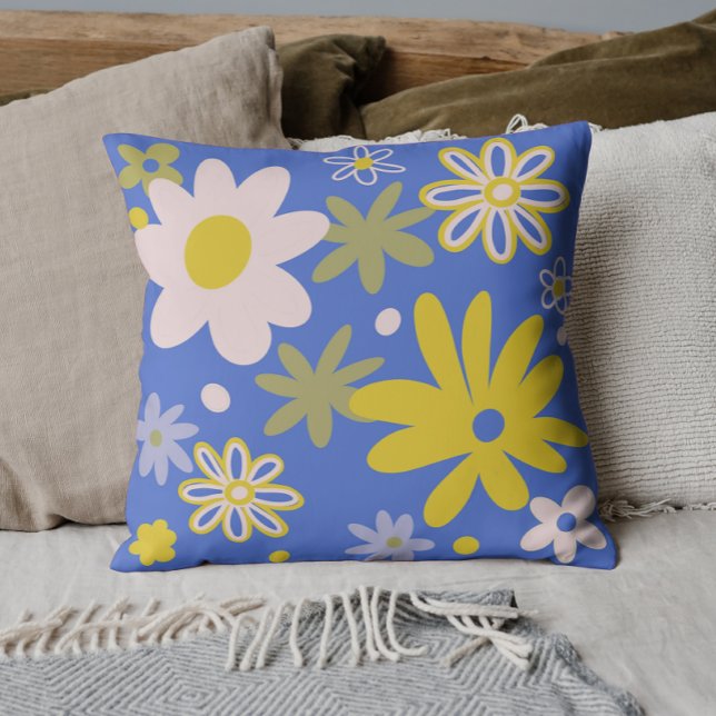 Blue and yellow bright floral  throw pillow (Blue and Yellow Bright Floral )
