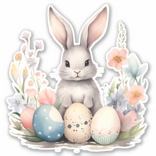 Blue and Yellow Bunny Rabbit Wildflowers Eggs Sticker