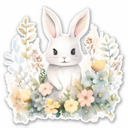 Blue and Yellow Bunny Rabbit Wildflowers Sticker