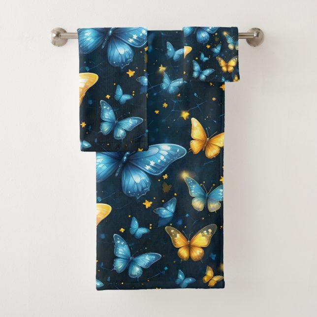 Blue And Yellow Butterflies Flying, Bath Towel Set (Insitu)