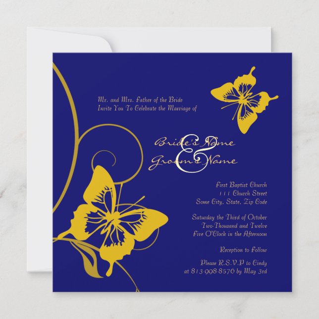 Blue and Yellow Butterfly Wedding Invitation (Front)