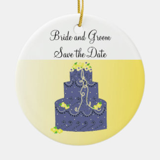 Blue and Yellow Cake Save the Date Ceramic Ornament