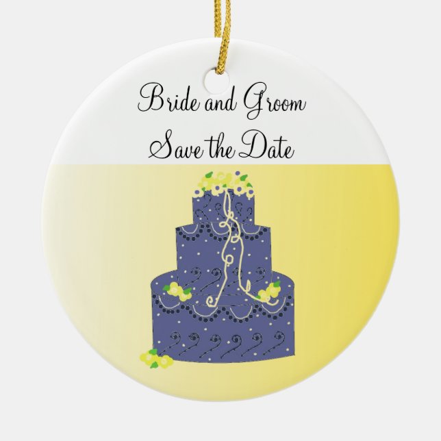 Blue and Yellow Cake Save the Date Ceramic Ornament (Front)