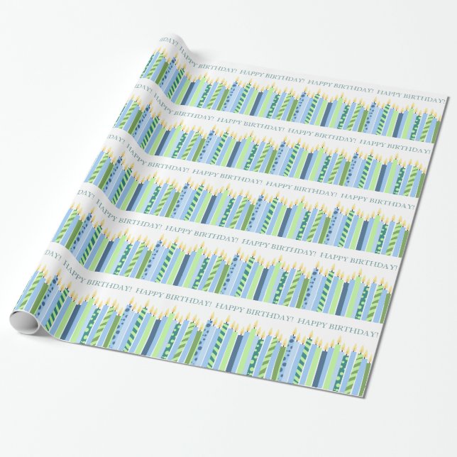 Blue and Yellow Candles Boys Birthday Wrapping Paper (Unrolled)