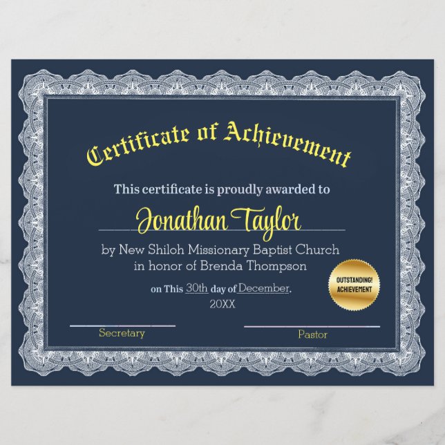 Blue and Yellow Certificate of Achievement (Front)