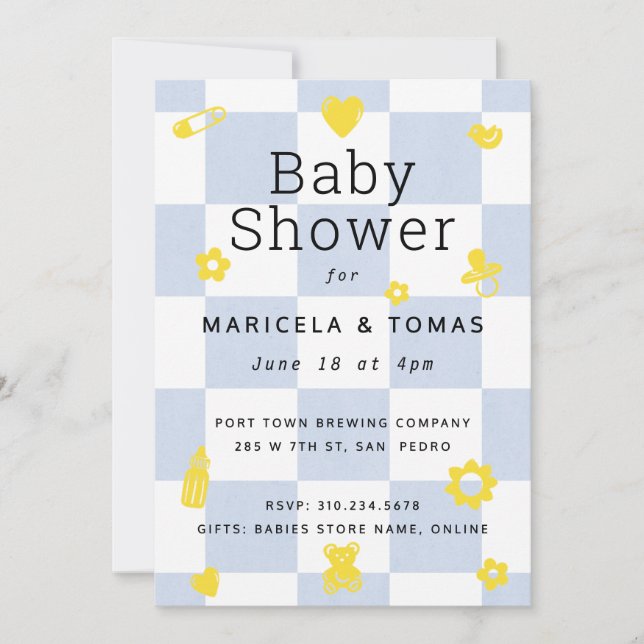 Blue and Yellow Checker Baby Shower Invitation (Front)