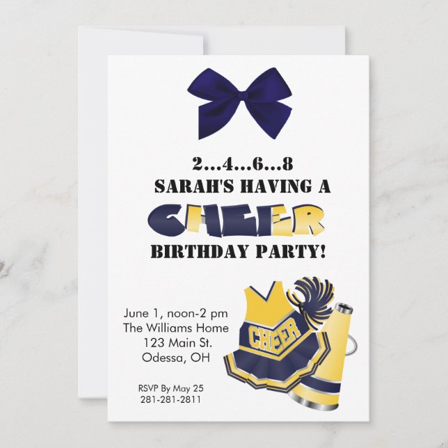 Blue and Yellow Cheerleading Birthday Invitation (Front)