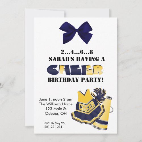 Blue and Yellow Cheerleading Birthday Invitation