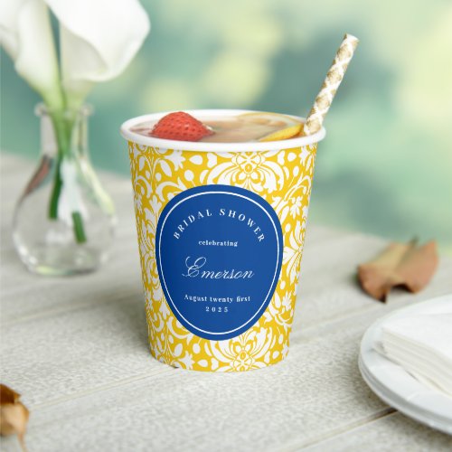 Blue and Yellow Chic Feminine Damask Pattern  Paper Cups