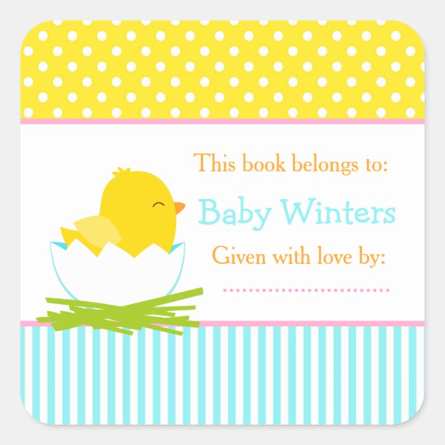 Blue and Yellow Chick Baby Shower Bookplate (Front)