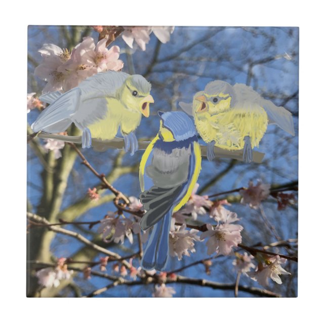 Blue and Yellow Chickadee family Ceramic Tile (Front)