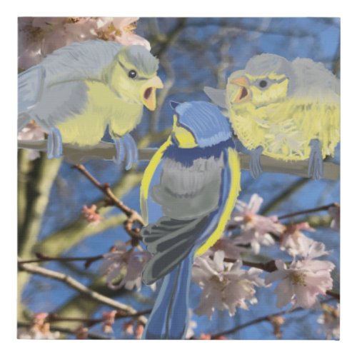 Blue and Yellow Chickadee family Faux Canvas Print