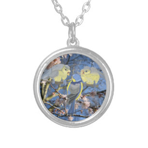 Blue and Yellow Chickadee family Silver Plated Necklace