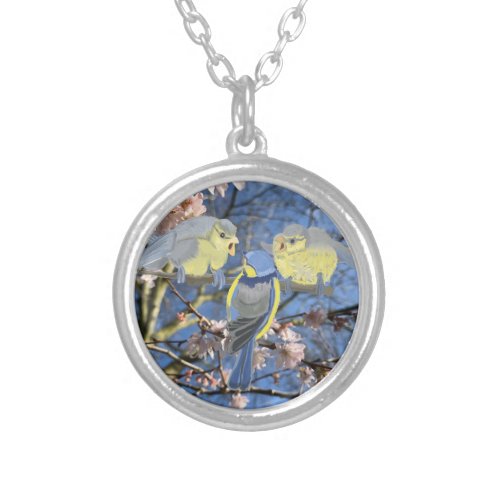 Blue and Yellow Chickadee family Silver Plated Necklace