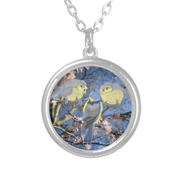 Blue and Yellow Chickadee family Silver Plated Necklace (Front)