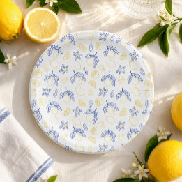 Blue and Yellow Citrus Lemon Pattern Paper Plates